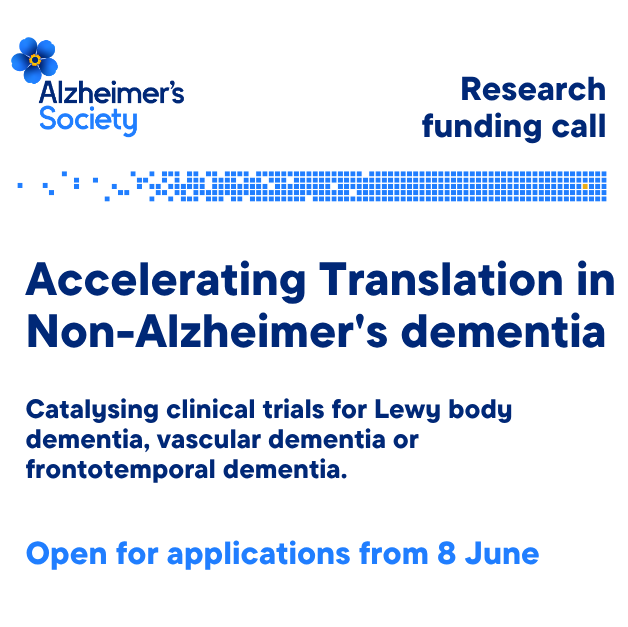 AlzSocResearch's tweet photo. Announcing our new strategic funding call: Accelerating Translation in Non-Alzheimer's dementia

This exciting new research initiative aims to unlock progress towards late-stage clinical studies to advance treatments in Lewy body, frontotemporal and vascular dementia.

While we know promising drug candidates exist for non-Alzheimer’s dementias, we also know without a significant amount of clinical evidence they can’t move to later stages of clinical trials.

That’s why we’re launching a new strategic funding call to give research teams the support they need to build the infrastructure necessary to increase the number of clinical trials in non-Alzheimer’s dementia.

We will be accepting applications for up to £2million to support a research programme for up to 5 years.

The call will open for outline applications on 8 June 2026: https://t.co/qRRbtxzswt

Sign up for our applicant webinar for more information:
https://t.co/EewtcVDDJh