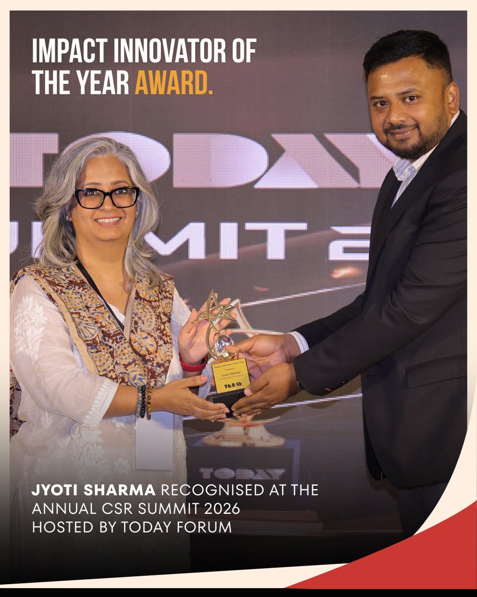 nasscomfdn's tweet photo. We are proud to share that Jyoti Sharma, CEO of Nasscom Foundation, was recognised with the ‘Impact Innovator of the Year’ award at the Annual CSR Summit 2026 in Bengaluru, hosted by Today Forum.

The summit brought together leaders from corporates, nonprofits, government, philanthropy, and social enterprises to collectively reimagine the role of CSR in building sustainable and inclusive impact. This recognition reflects a shared commitment towards leveraging technology for social good and creating pathways that enable communities to participate meaningfully in India’s digital future.

We thank the organisers for this honour and remain committed to driving inclusive, technology-led impact at scale.

#CSR #TechForGood #SocialImpact #DigitalInclusion