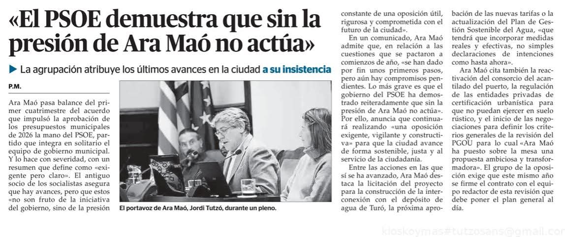 agrupacioaramao's tweet photo. Al novembre vam denunciar la inacció del PSOE: compromisos insuficients, tardans o directament incomplerts. Per això, Ara Maó va condicionar el suport al pressupost 2026 a mesures concretes i calendaritzades.
Des d’Ara Maó exigim responsabilitat, feina i compromís amb Maó. https://t.co/lKknWtgMQm