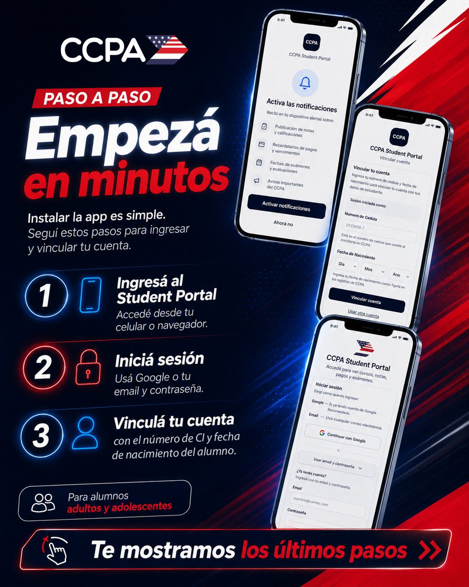 CCPA_paraguay's tweet photo. Con la nueva app del CCPA podrás acceder de forma rápida y simple a:
✅ Cursos y exámenes
✅ Notas y calificaciones
✅ Pagos y vencimientos
✅ Avisos importantes

📲 Desacarga la app en este link https://t.co/mc0jJK8Ev4 
#CCPA #NuevaAppCCPA https://t.co/90mt2kpIiB