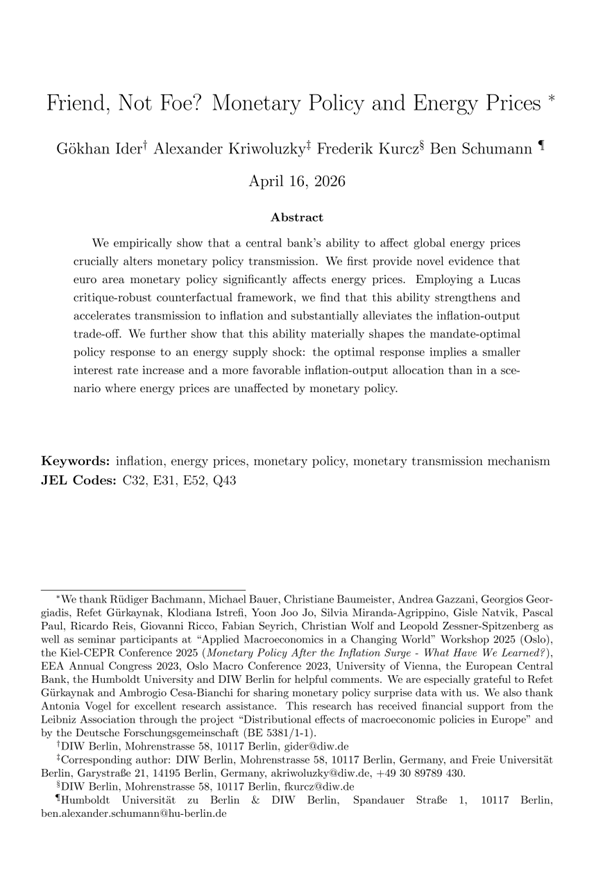 int_mon_econ's tweet photo. Highly relevant!

"Friend, Not Foe? Monetary Policy and Energy Prices" by Gökhan Ider, Alexander Kriwoluzky, Frederik Kurcz, and Ben Schumann.

"A central bank’s ability to influence energy prices fundamentally shapes both monetary policy transmission and mandate-optimal policy design. Using euro area data, we show that European monetary policy shocks significantly lower global energy prices, amplifying and accelerating the transmission to headline inflation and inflation expectations because energy prices adjust more rapidly than other consumer prices. ...The ability to affect energy prices materially alters the mandate-optimal policy response,  requiring more moderate tightening and delivering a more favorable inflation–output allocation. Absent this ability, stabilizing inflation requires substantially stronger tightening at significantly higher output costs. Consequently, standard frameworks treating energy prices as exogenous therefore mischaracterize both the transmission and the mandate-optimal policy response of monetary policy to energy price shocks. Accounting for their endogenous response reveals that central banks may have more leverage over energy-driven inflation than previously thought."

https://t.co/j6HXsMqF5a