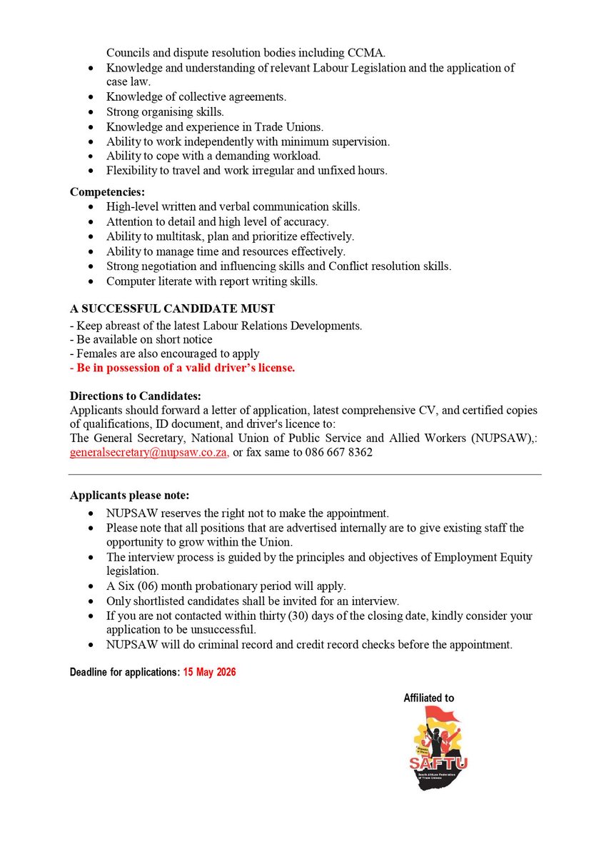 NUPSAW_National's tweet photo. WE ARE HIRING: PROVINCIAL ORGANIZER- WESTERN CAPE (GEORGE)

NUPSAW invites suitably qualified, committed and militant candidates to apply for the position of Provincial Organizer based in George, Western Cape. https://t.co/1Rc2brX8pJ