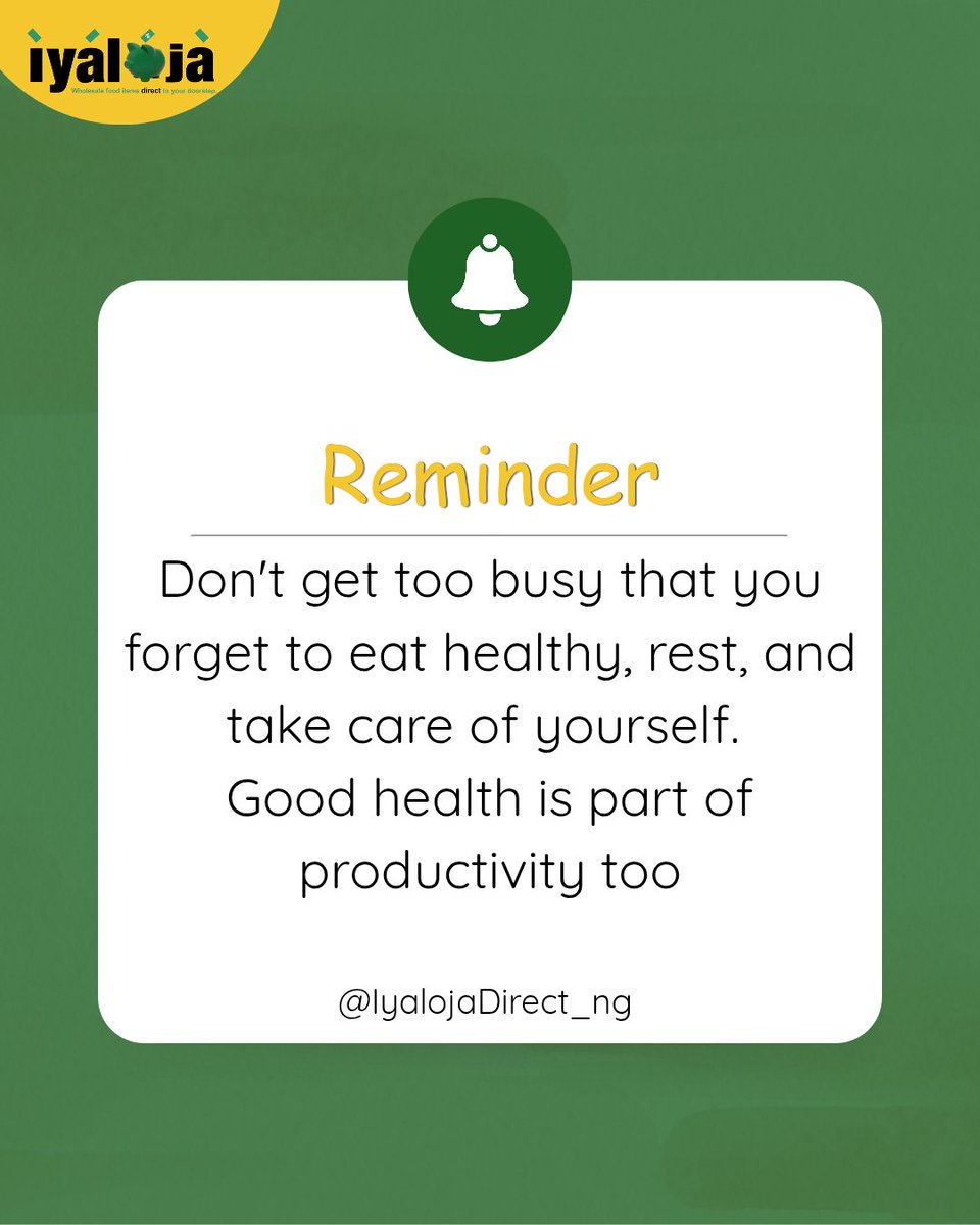 iyalojadirect's tweet photo. Happy New week
We get so busy trying to meet deadlines, attend to meetings, customers, hustle, and handle life that we sometimes forget the most important thing...OUR HEALTH!

Pause and take care of yourself, too. Good health is part of productivity!
#IyalojaDirect https://t.co/z2ngyxpKqB
