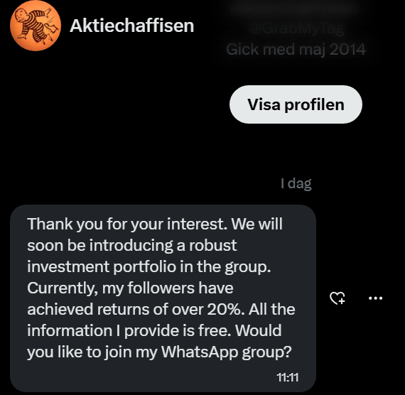 MajnStar's tweet photo. @aktiechaffisen Tjabba! Kunde inte skicka ett dm så får skicka här istället :)
Vill bara göra dig medveten om att det är någon som låtsas vara du och vill att dom ska gå med i deras Whatsapp grupp. https://t.co/QR6iFXaEXg