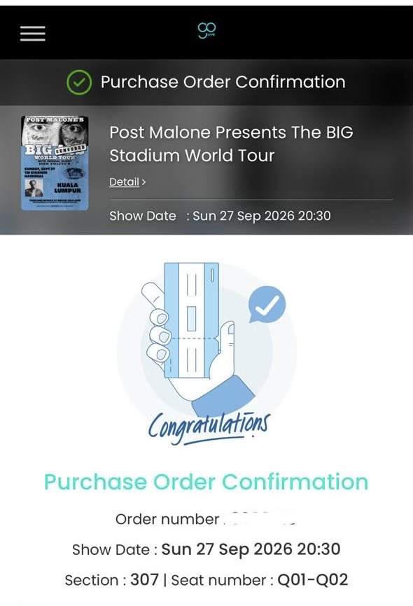 islhzky's tweet photo. Hi korang, i'm selling my ticket for Post Malone (2 tix)

SECTION : 307 

SEAT: Q01, Q02 (side by side)

PRICE: RM550 FOR 2 TIX

REASON TO SELL : UNABLE TO GO https://t.co/foBKf4TqRi