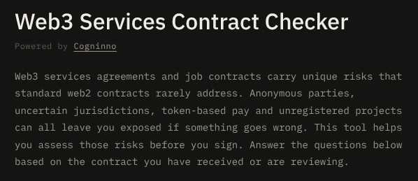 jabranthelawyer's tweet photo. Most people in web3 sign contracts without fully understanding them

So, I built a free tool to fix that

Answer some questions, get a breakdown of where you're exposed + possible options to minimise exposure

Check it out before you sign anything: https://t.co/bztRo3EllJ https://t.co/St3E7Kmpxw