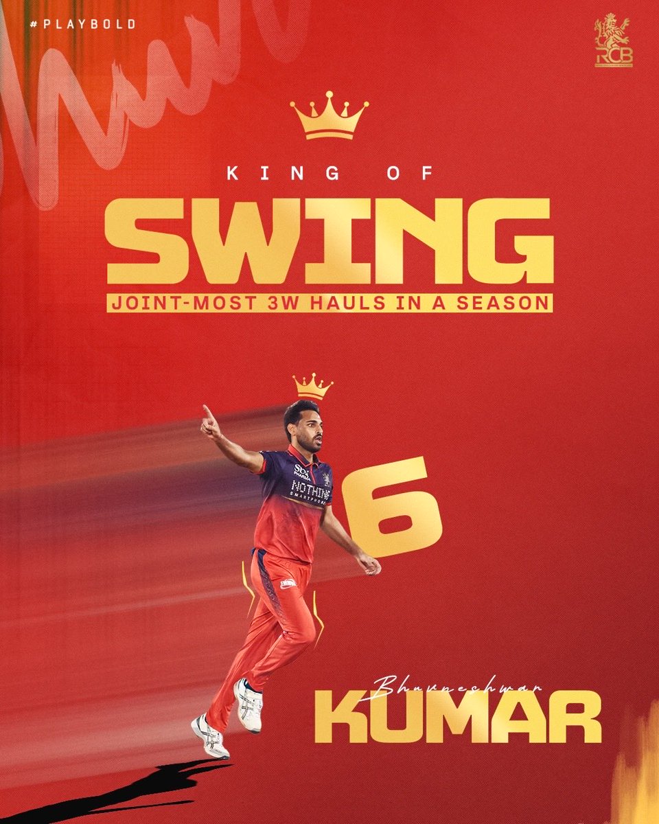 RCBTweets's tweet photo. Batters had no answers. Bhuvi had all the wickets. ❤️🔥

Joint-most 3️⃣-wicket hauls in a season of the #TATAIPL. The King of Swing reigns. 👑 https://t.co/0XtsWY70hi