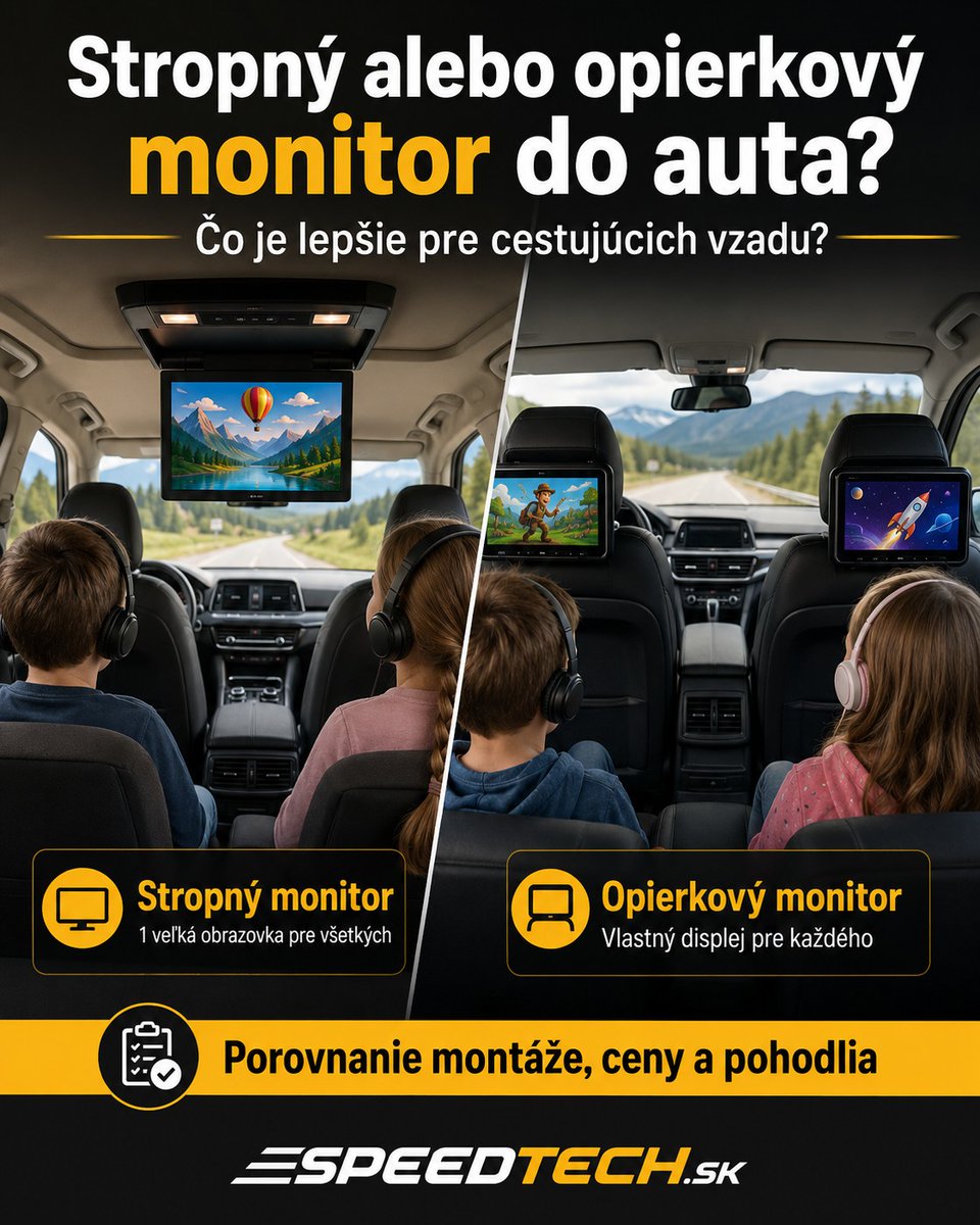 SpeedTech_sk's tweet photo. Stropný monitor = jedna obrazovka pre všetkých. Opierkový = každý cestujúci má svoju. Rozdiel nie je len v cene – záleží na type auta aj počte detí. Celé porovnanie:
https://t.co/Bp7O49tqKH
#monitorDoAuta #SpeedTech https://t.co/x9SM1wJKZR