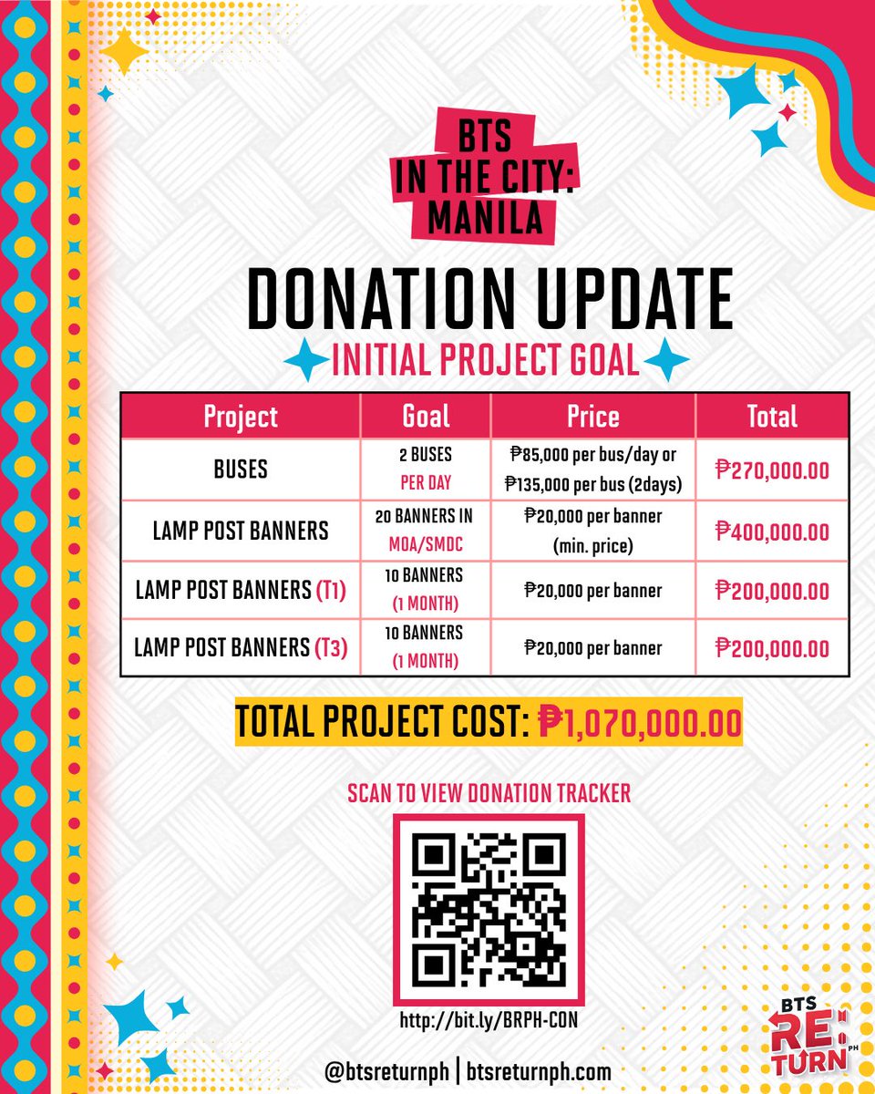 🚍💜 𝐁𝐓𝐒 𝐈𝐍 𝐓𝐇𝐄 𝐂𝐈𝐓𝐘: 𝐌𝐀𝐍𝐈𝐋𝐀 💜

Help us bring wrapped BTS buses in Manila, ARMYs! ✨

Every donation helps us make 𝐌𝐀𝐍𝐈𝐋𝐀 𝐏𝐔𝐑𝐏𝐋𝐄. 🫶

💸 DONATE NOW: 
🔗 bit.ly/BRPH-CON
📊 TRACK THE PROGRESS: 
🔗 bit.ly/BRPH-ConcertTr…
🌐 LEARN MORE: 
🔗
