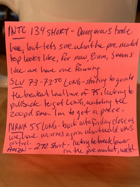 tradertvshawn's tweet photo. May 11, 2026 - My #stickynote 📝📊

Market Context: We are seeing some mixed action to start the week. Tech is looking a bit heavy with Intel and Amazon setting up for potential shorts, while precious metals are pushing toward major breakout levels. Biotech is also catching an early bid on macro health headlines. Keep your risk tight and trade the levels!

🔴 $INTC 134.00 SHORT: Dangerous trade here, but let's see what the pre-market top looks like. For now, 8am, seems like we have one forming. 💻📉

🟢 $SLV 73.00 - 73.50 LONG: Starting to go into the breakout level here of 75. Looking for a pullback to get LONG, watching the 200pd SMA on the 1m to get a piece. 🥈📈

🟢 $MRNA 55.00 LONG: Back into Friday close as we have worries again about world virus control. 💉📈

🔴 $AMZN 272.00 SHORT: Looking to break lower in the pre-market, watch. 📦📉

See you all on the stream! Let's get to work.

@tradertvlive @ttvresearch
#stickynote #DayTrading #StockMarket #StocksToWatch #TradingWatchlist #DayTrader #Equities