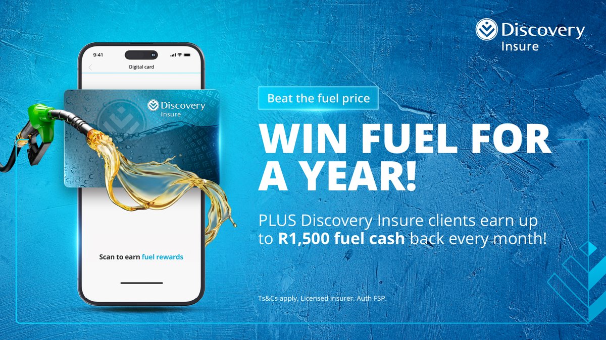 Discovery_SA's tweet photo. With fuel prices climbing, we’ve got you covered.

Get up to R1,500 fuel cash back every month, plus a chance to win fuel for a year when you get a Discovery Insure new quote for car or household insurance. 

Ts&amp;Cs apply.

BetterWithDiscoveryInsure https://t.co/bPAoAXh9Kb