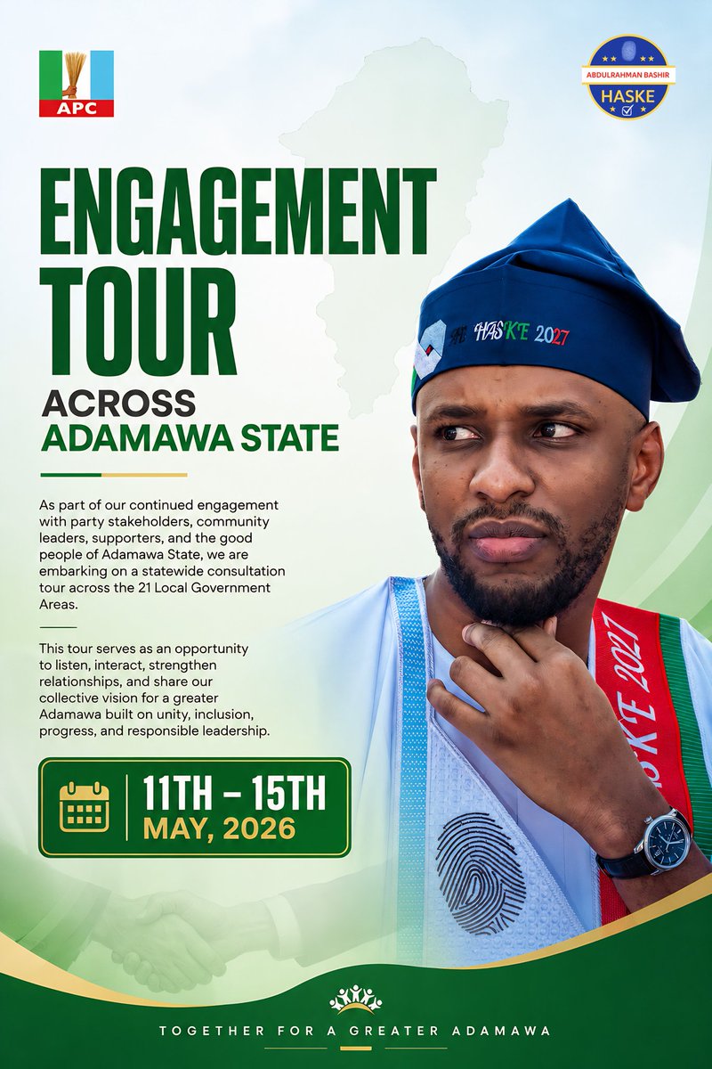 OfficialABHaske's tweet photo. Today, we officially commence our statewide consultation tour across the 21 Local Government Areas of Adamawa State.

This journey is about direct engagement with the people, listening to diverse voices, strengthening grassroots connections, and building greater unity around the future we all believe in. From community leaders to party stakeholders, youths, women, and supporters across the state, every conversation matters as we continue shaping a united, progressive, and people-centered Adamawa.

The road ahead is clear, the vision is strong, and the movement continues to grow with purpose, hope, and unwavering commitment to the progress of our dear state.

#Haske2027
#AdamawaFirst
#haskeisok