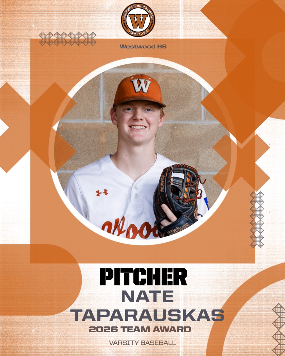 WWoodBaseball's tweet photo. Congratulations to @NTaparauskas , our 2026 Varsity Pitcher Award winner!
Proud of your impact on the mound this season, Nathan!
#WestwoodBaseball #WarriorPride https://t.co/QmmJtkQwc4