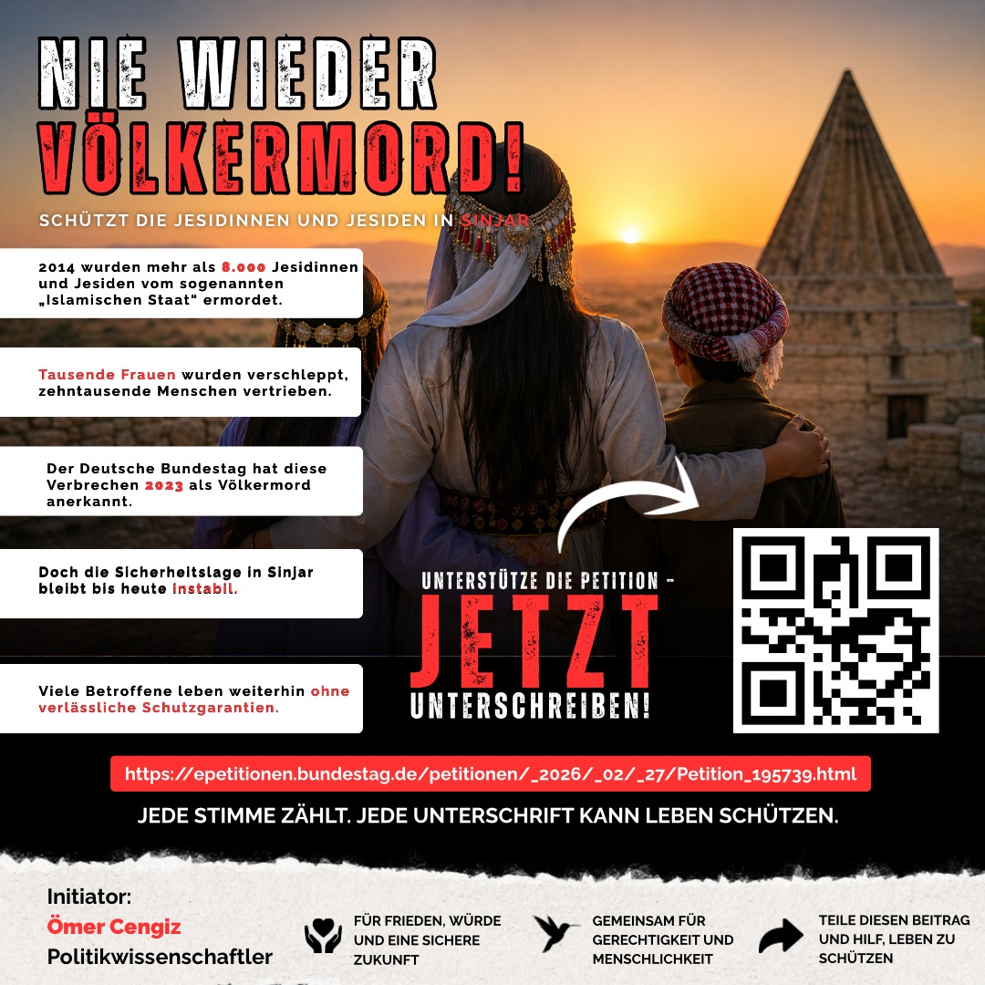 Mein Cousin Ömer Cengiz ist Politikwissenschaftler und hat eine Petition zum Schutz der Eziden gestartet. 

Uns fehlen noch ca. 11 Tausend Unterschriften. 

Jede Einzelne zählt und wir würden uns sehr über Unterstützung freuen.

Bitte teilen und unterschreiben. 
Danke euch!