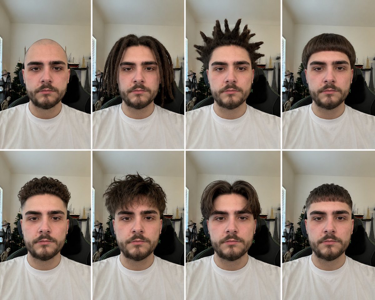 MMMeee32's tweet photo. In light of the haircut news, I used AI (WE love AI) to recommend some haircuts that would best suit Senny.

Which one should he get? https://t.co/Ynk4t8XkLj