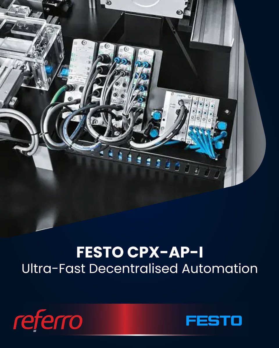 ReferroSystems's tweet photo. High-speed production needs high-speed   I/O.

Our Festo CPX-AP-I offers ultra-fast Mbps   communication and massive scalability for high-speed production.

The future of decentralised automation is here.
🔗 info@referro.co.za

#Festo 
#Automation 
#ReferroSystems https://t.co/jpUZbko2V4