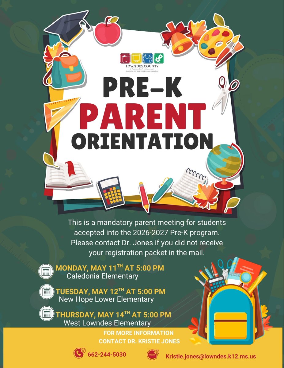 LCSD_MS's tweet photo. Reminder about the orientations for parents who signed their children up for pre-kindergarten at one of the district's three campuses for the 2026-27 school year.
See the flyer for times and dates. https://t.co/nFxg2bYYvN