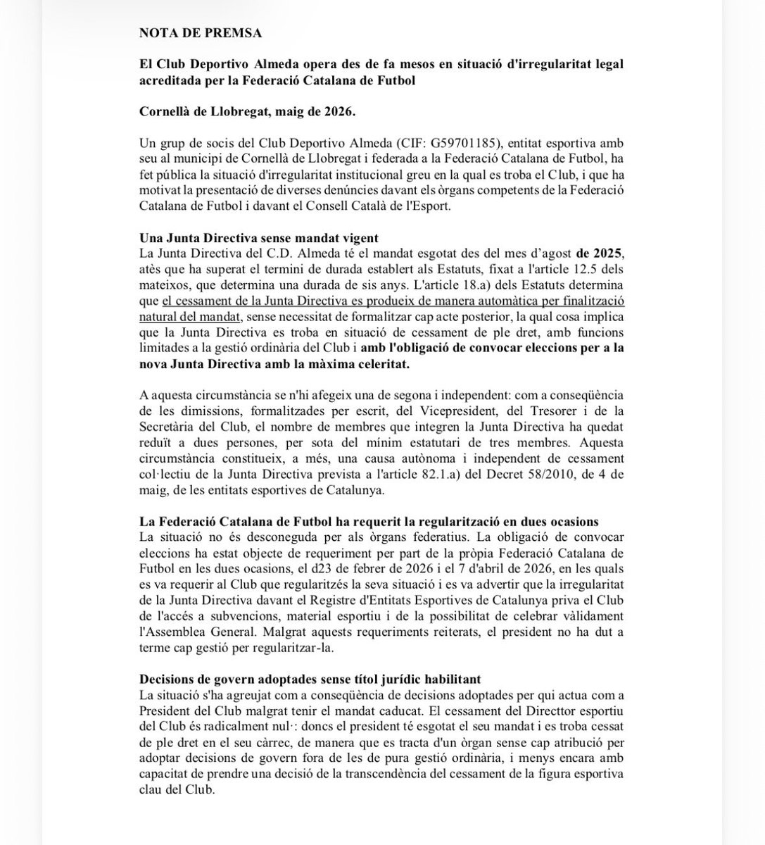 EB_CDAlmeda's tweet photo. 🔵⚪️ NOTA DE PRENSA

✍️ Nota de prensa por parte de una mayoría de socios de la entidad, CD Almeda. https://t.co/jwYso2gpm8