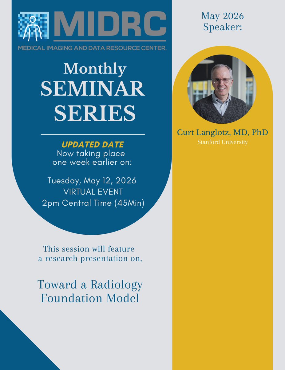 MIDRC_'s tweet photo. Happening tomorrow! 

Date update - please note that our MIDRC May Seminar has been moved up by one week:

Tomorrow - Tuesday, May 12, 2026 
2:00 PM Central Time (45 min) 
Free and open to the public, register here: https://t.co/KPbsO14PqX https://t.co/F3wWI5mvjM