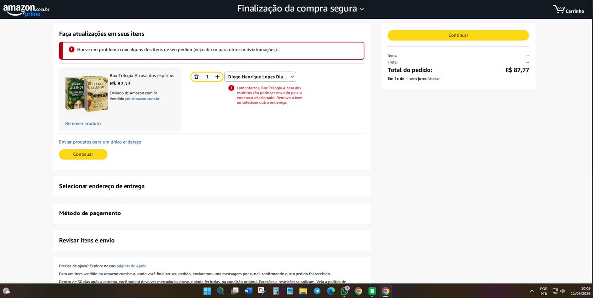 dhldias's tweet photo. e agora a @amazonbrasil @amazonbooks @amazon está tentando me barrar de comprar livros "Lamentamos, Box Trilogia A casa dos espíritos não pode ser enviado para o endereço selecionado. Remova o item ou selecione outro endereço" como assim? sempre comprei livros, só pq tá barato? https://t.co/RJLYbGjLg2