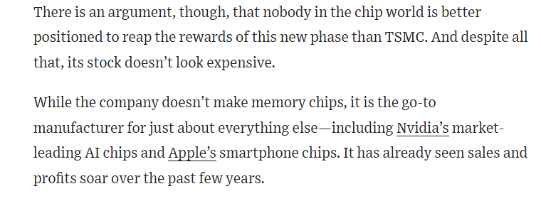 WSJheard's tweet photo. Heard on the Street: All roads lead back to TSMC. 

No matter how you slice it, Taiwan's chip-making giant is an AI winner. https://t.co/FzkkDw9JLs
