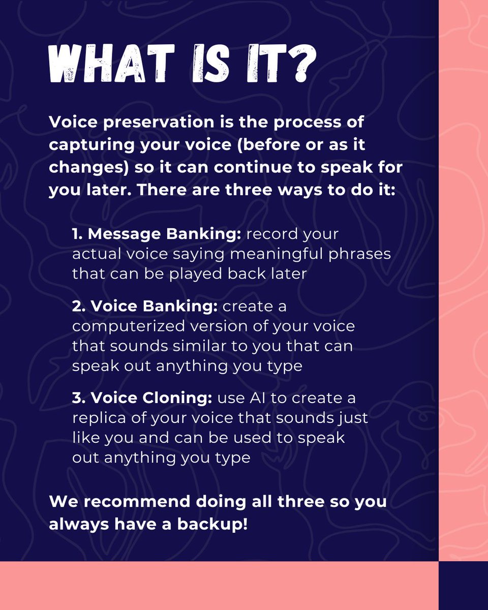 BridgingVoice's tweet photo. Worried about losing your voice to ALS? Start Here. 💙

"I wish I'd done this sooner" is one of the most common things we hear from clients about voice preservation. Your voice is one of the most personal things about you. Preserving it is a key first step after diagnosis. https://t.co/MvVKHeLUGy