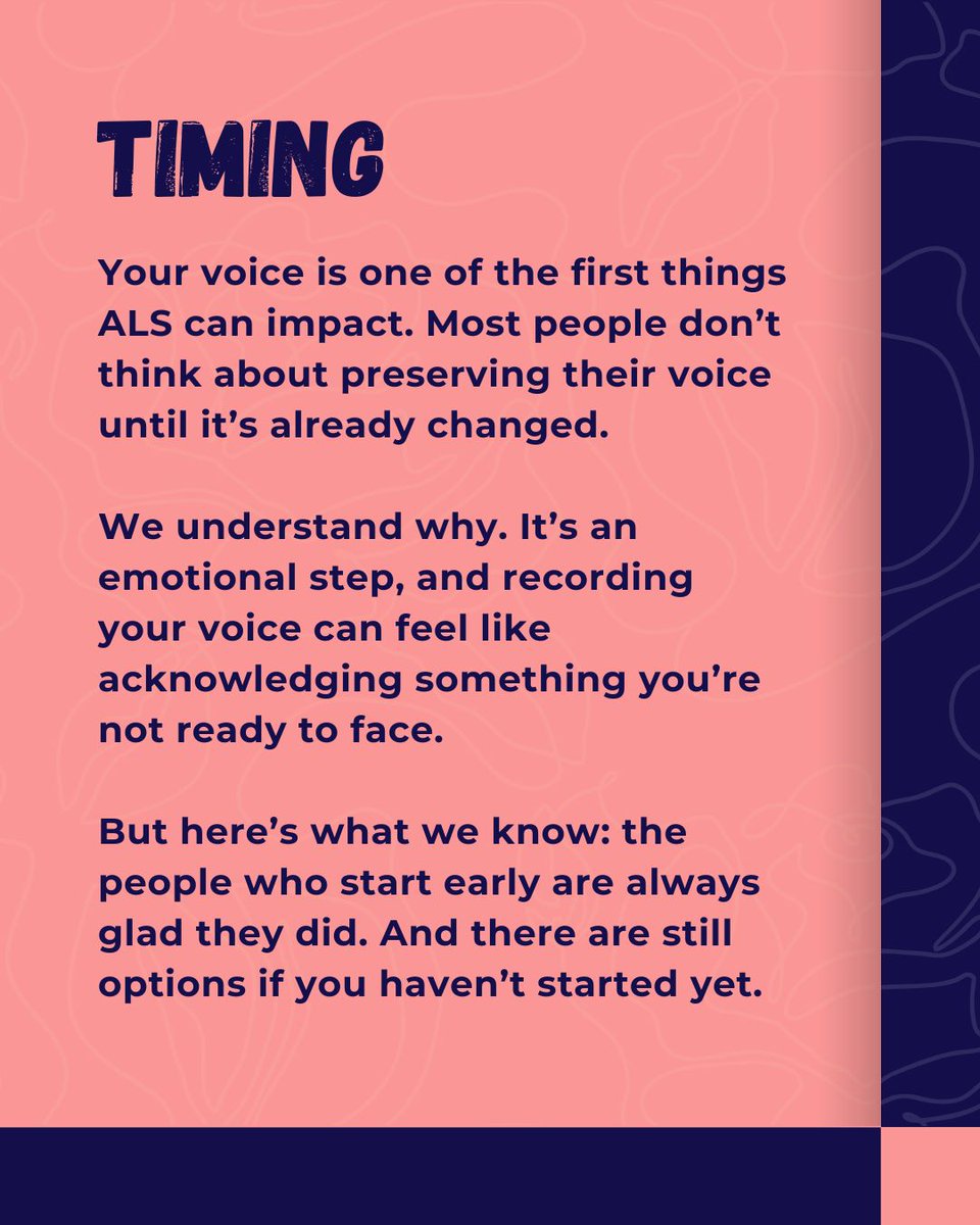 BridgingVoice's tweet photo. Worried about losing your voice to ALS? Start Here. 💙

"I wish I'd done this sooner" is one of the most common things we hear from clients about voice preservation. Your voice is one of the most personal things about you. Preserving it is a key first step after diagnosis. https://t.co/MvVKHeLUGy