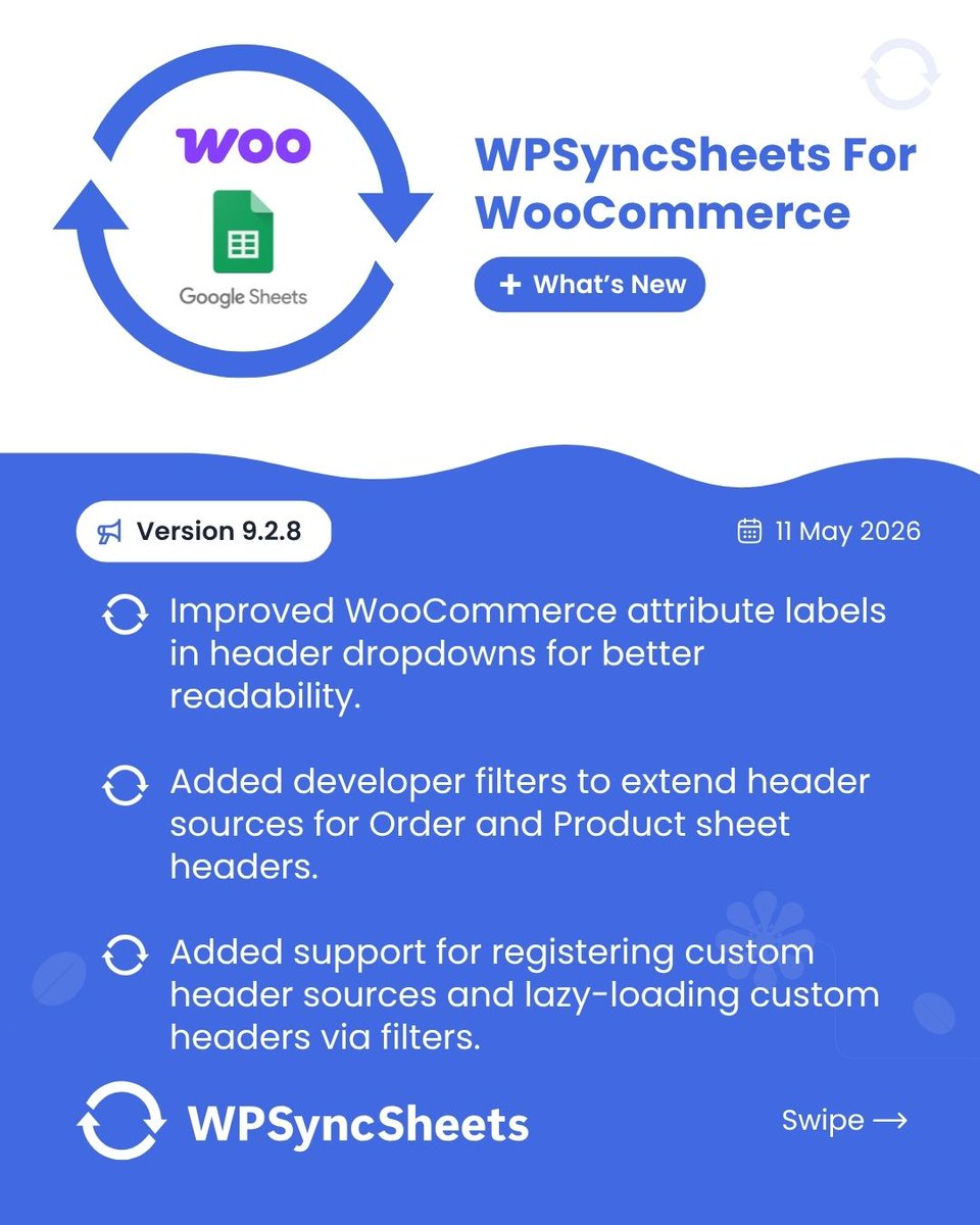 wpsyncsheets's tweet photo. WPSyncSheets For WooCommerce Version -9.2.8

✅ Improved Order and Product Sheet Header management with a lazy-loaded “Add Headers From Source” flow.

🌍 https://t.co/uR99zzlncf

#wpsyncsheets #googlesheets #wordpress #woocommerce https://t.co/l44EB8XetN
