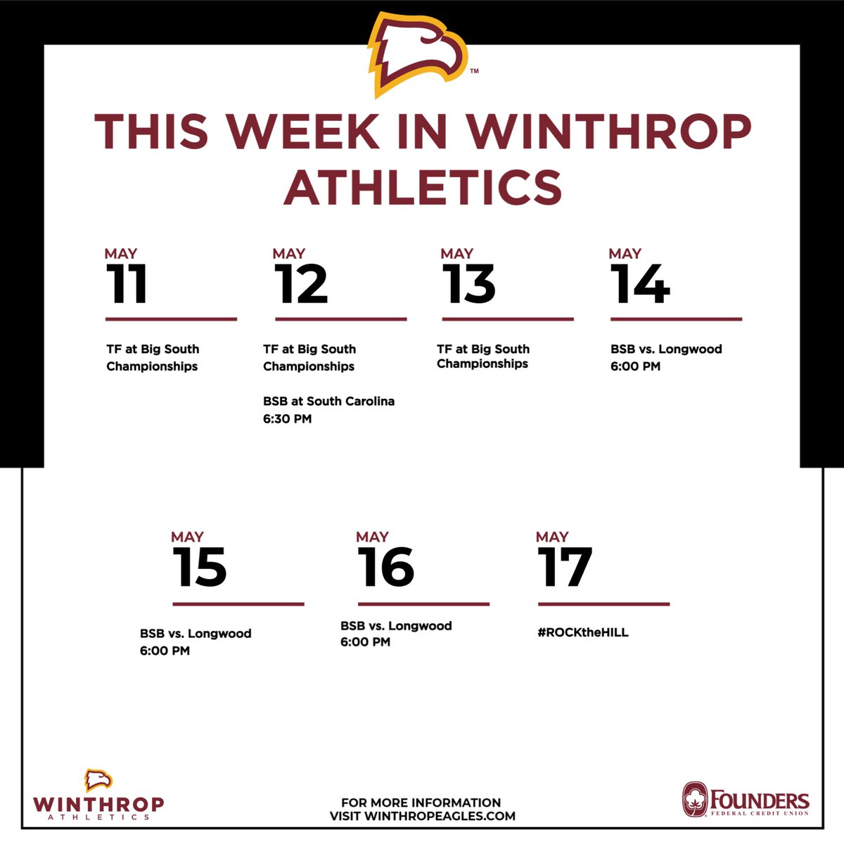 WUEagles's tweet photo. 𝙏𝙝𝙞𝙨 𝙒𝙚𝙚𝙠 𝙄𝙣 𝙒𝙞𝙣𝙩𝙝𝙧𝙤𝙥 𝘼𝙩𝙝𝙡𝙚𝙩𝙞𝙘𝙨

@WinthropTrackXC competes at the Big South Championships and @WinthropBSB finishes the regular season at home vs. Longwood

#ROCKtheHILL https://t.co/PGuRBm7zaB
