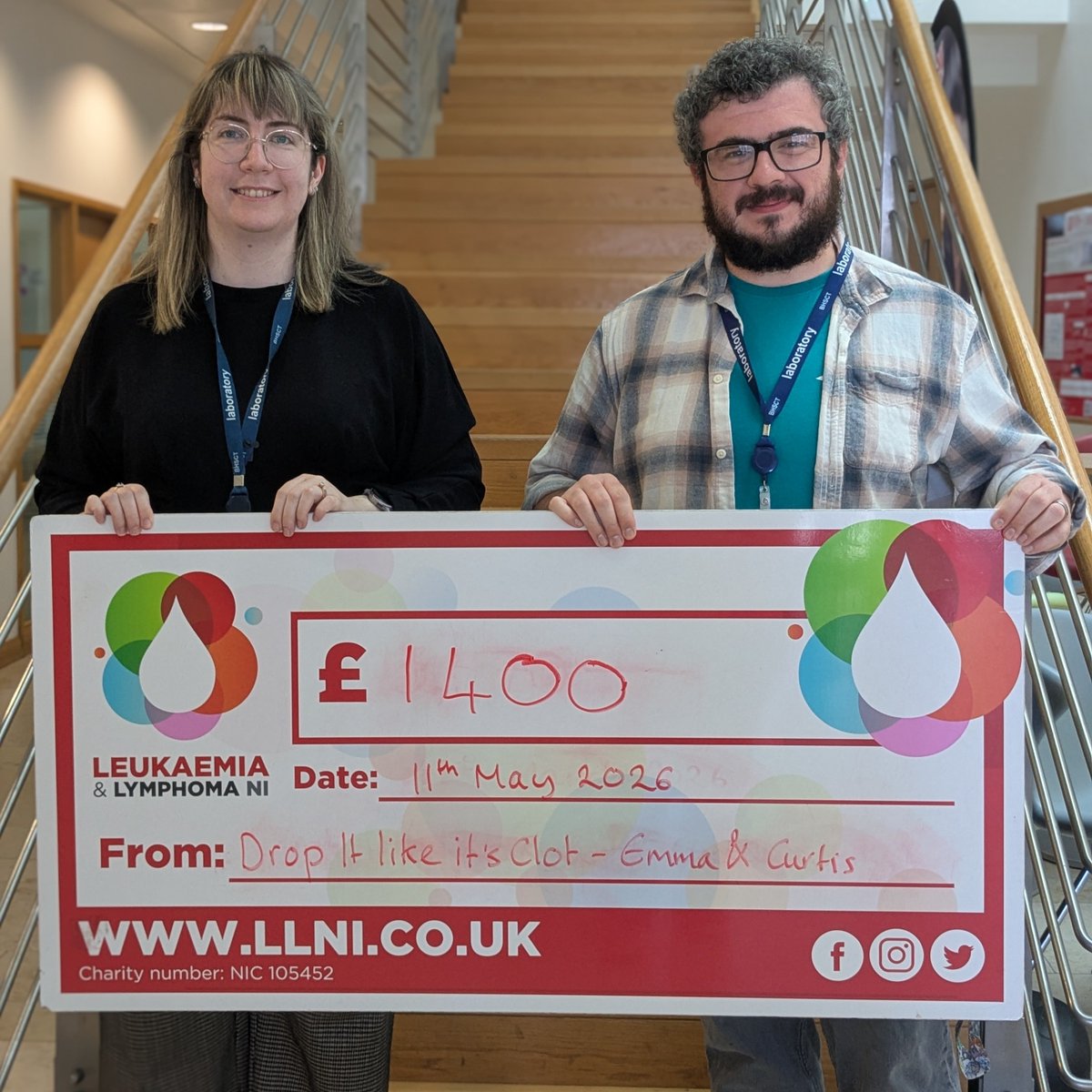 LAL_NI's tweet photo. A huge thank you to Emma and Curtis, who both work in Haematology Labs in the Belfast Trust, for raising an amazing £1400 as team 'Drop It Like It's Clot' at our Europa Abseil! https://t.co/LFV6IC8A8x