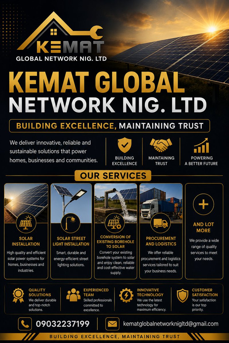 classykemi's tweet photo. @VendorsHypeman I run a solar energy company. We design and install solar systems and solar street lights for homes, estates, and businesses—reliable power, lower bills, and clean energy. https://t.co/fc96iyzS8K