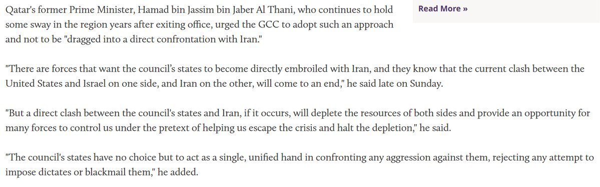 The latest Middle East official to make this claim, after Oman's foreign minister (left) and an influential ex-Qatari PM (right). Suggests this idea - that Israel wants to drag the entire region into a suicidal war that leaves it the local hegemon - is widely but quietly held.