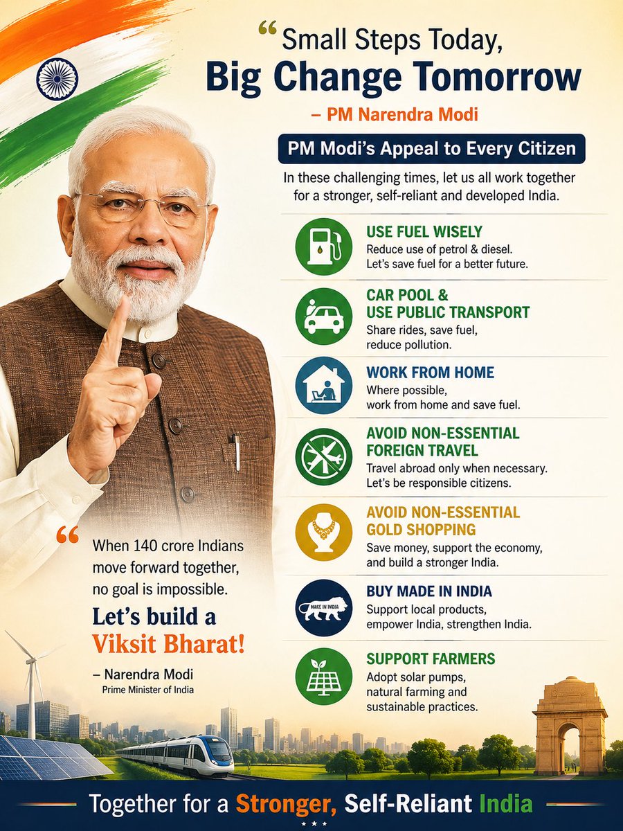 deep762400's tweet photo. Petrol aur diesel kam use karo
Car pooling aur public transport use karo
Jahan possible ho “work from home” karo
Zaroorat na ho to foreign travel avoid karo
Kuch time tak non-essential gold shopping kam karo
Made in India products kharido https://t.co/PoumMt0HDY