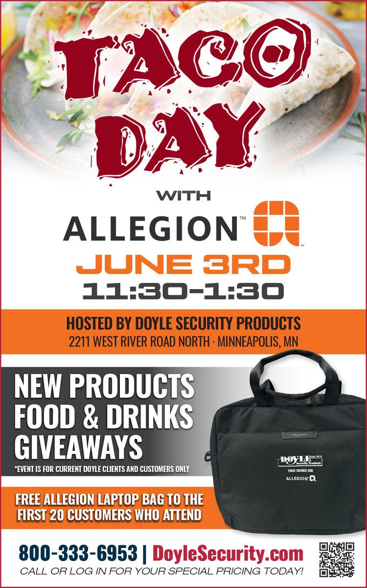 Doyle_Security's tweet photo. Happy Monday everyone! We're getting into our busy season and there will be a number of fun events this summer. Taco Day with Allegion will be first of these on June 3rd from 11:30-1:30. Customers can stop by for lunch, view new products, and talk to the Allegion Reps. https://t.co/4pnEAinIbV