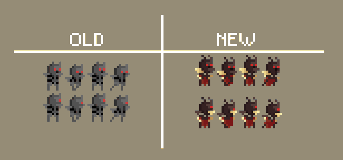 TejonDev's tweet photo. Estoy redibujando los enemigos de las catacumbas, pasó mucho tiempo desde los últimos y necesitan encajar con el nuevo estilo.

El primer redibujado es este, el Darker

#gamedev #pixelart https://t.co/aiUV8mMYyF