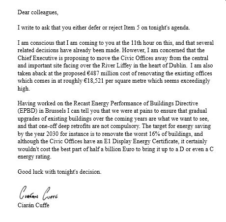 CiaranCuffe's tweet photo. Moving Dublin City Council’s Civic Offices away from the Liffey Quays into a speculative office block is the wrong decision.

A phased renovation is more appropriate, and doesn’t have to cost the earth, a letter to my council colleagues: https://t.co/g3T0w5FH5f