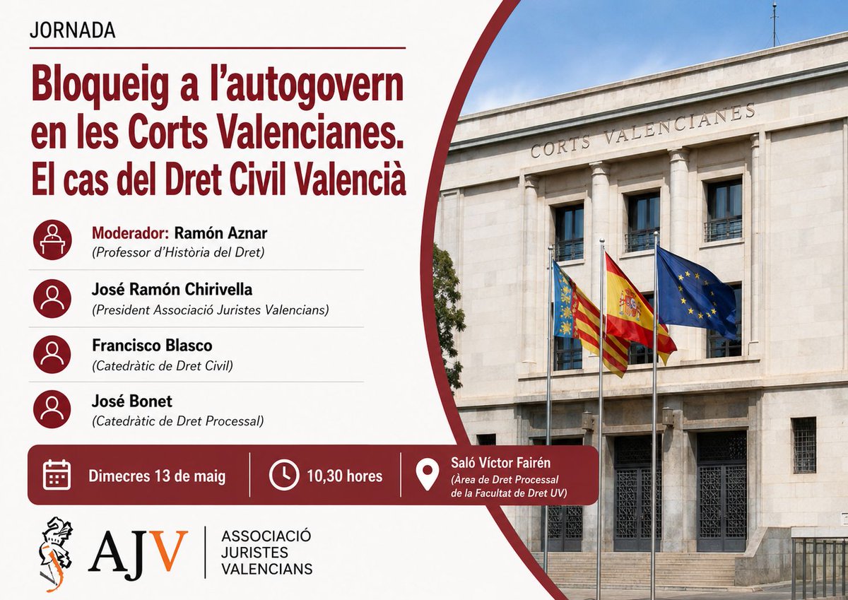Juristes_V's tweet photo. Este dimecres 13 de maig a les 10,30 en la Facultat de Dret UV farém  TAULA REDONA "Bloqueig al #DretCivilValencià en les @cortsval ", participen els professors Francisco Blasco, José Bonet i Ramon Aznar, i el President de AJV, JR Chirivella.
@UV_EG @generalitat @comite_economic https://t.co/G2xYe0PNeL