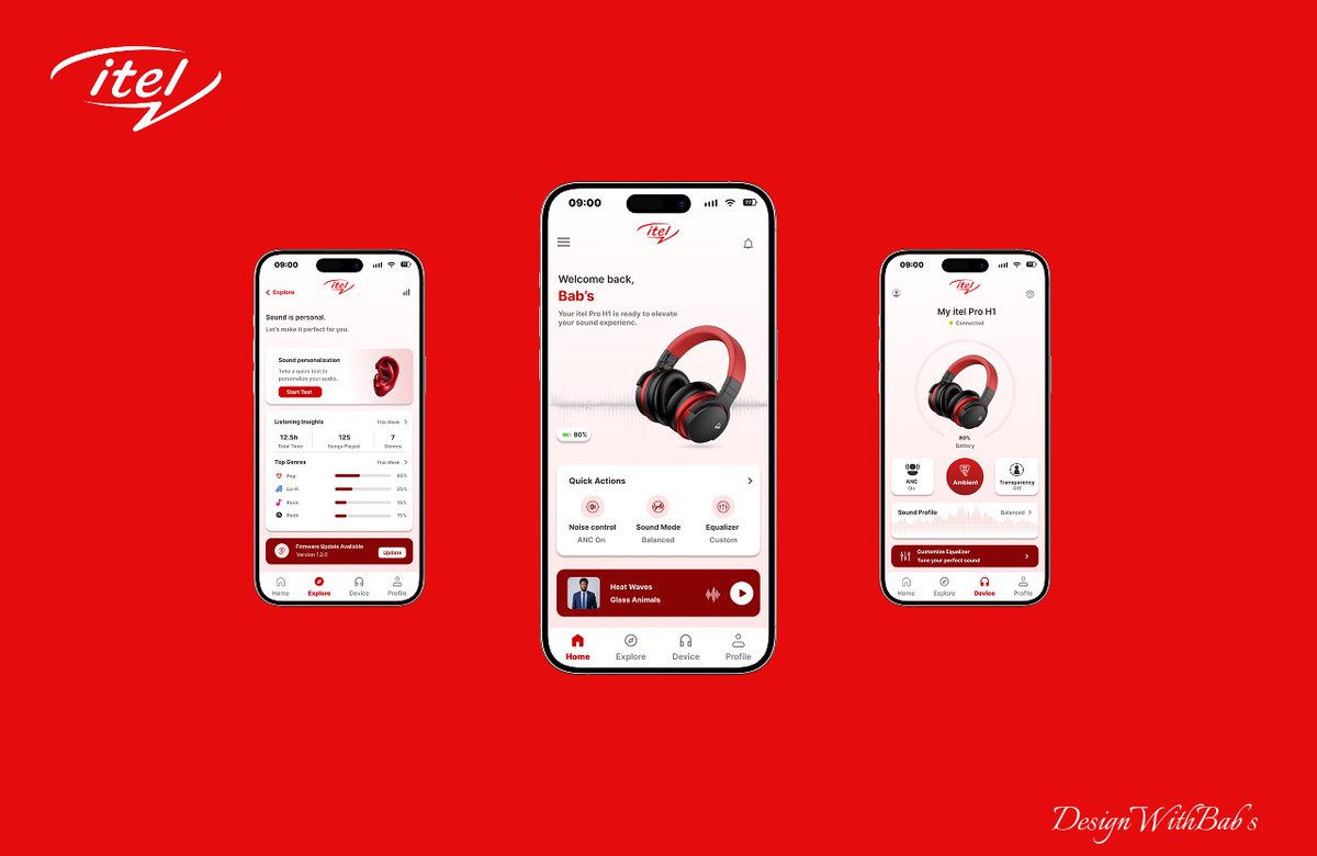 Named_Babs's tweet photo. Redesigned a premium companion app concept for itel audio devices,focused on delivering a smarter, cleaner, and more immersive listening experience for modern users.
#itelNigeria
#itelLife
#itelDesign
#itelAudio
#itelTech
#itelInnovation
#itelHeadphones
#itelCommunity
#UIUXDesign https://t.co/jZfnqldXPV