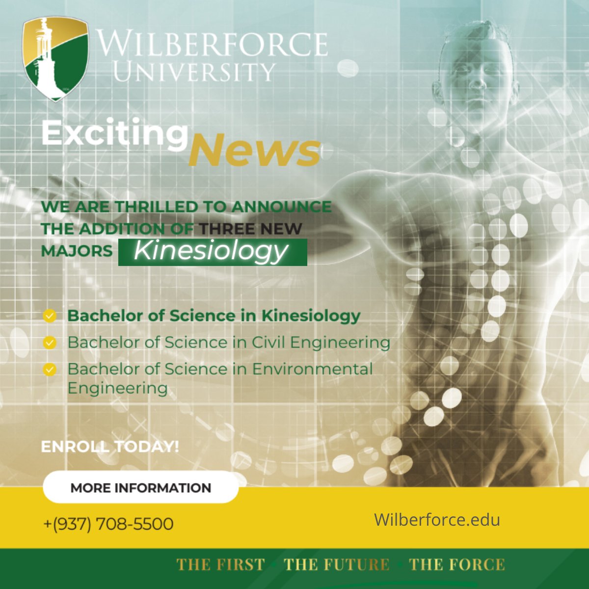 wilberforce_u's tweet photo. Three Years. One Powerful Degree. 💛💚🚀
Wilberforce University offers an Accelerated Kinesiology Program—allowing students to earn a Bachelor of Science degree in just THREE years! 🎓💥
#WilberforceUniversity #HBCUExcellence #Kinesiology #FutureReady #TheForce https://t.co/6tjcR2KGSu