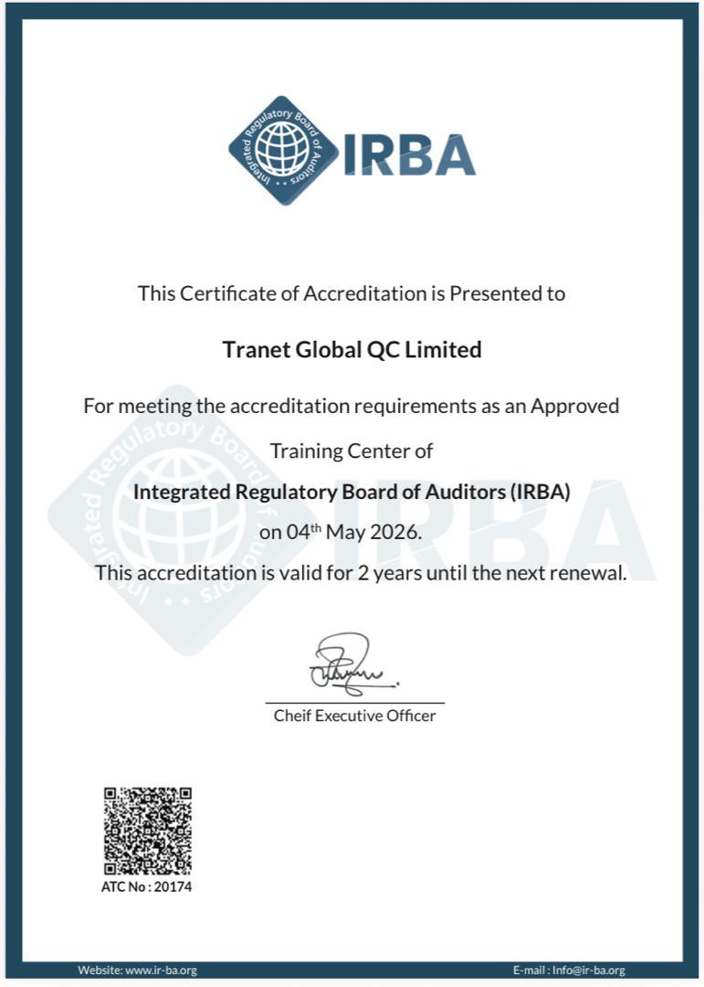 TranetGlobalQC's tweet photo. We are proud to announce that, in line with our continued commitment to advancing professionalism in the auditing field, Tranet Global QC Limited has been officially approved as an Authorized Training Partner of Integrated Regulatory Board of Auditors.
#Training #IRBA https://t.co/apvNSrOFsk