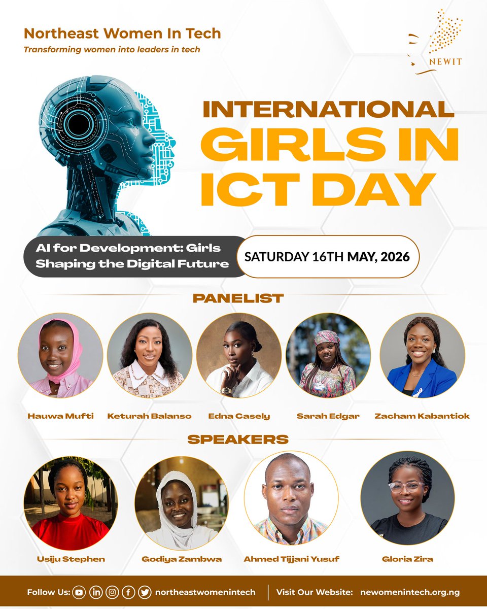 newomenintech's tweet photo. International Girls in ICT Day 2026 

Northeast Women In Tech presents a powerful conversation on: “AI for Development: Girls Shaping the Digital Future.” 
 Girls are not just joining tech they’re leading it. 

#GirlsInICTDay #WomenInTech #GirlsInSTEM #AIForDevelopment #NEWIT https://t.co/nJkuyZyLHo