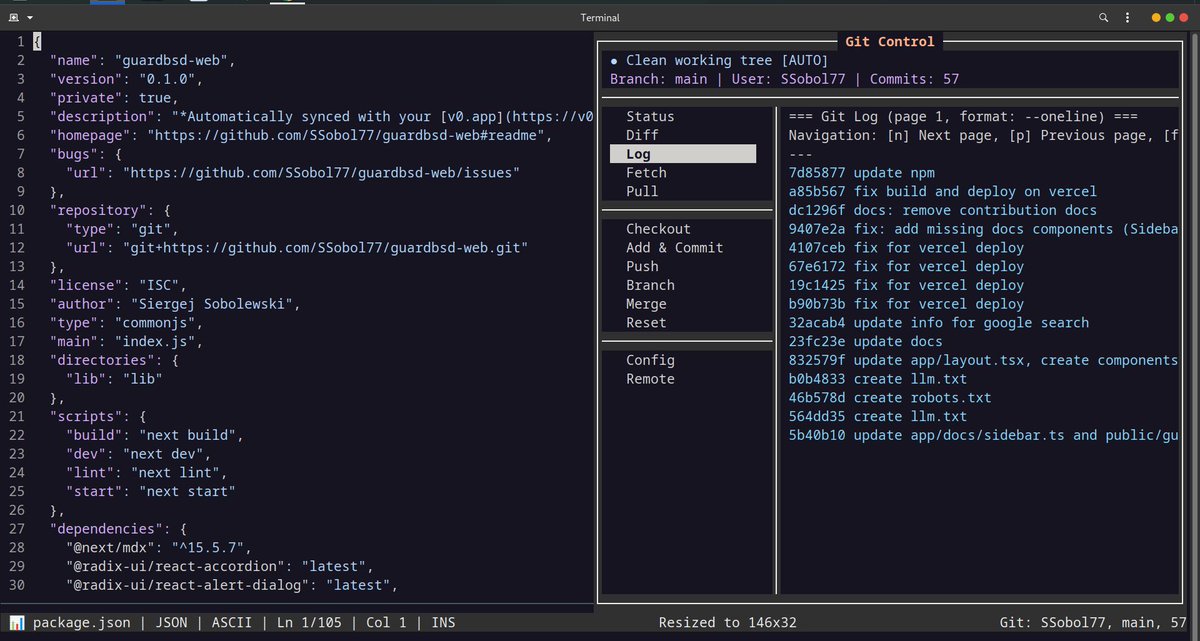 GuardBSD's tweet photo. 🚀 𝗚𝗶𝘁 𝗖𝗼𝗻𝘁𝗿𝗼𝗹 𝗣𝗮𝗻𝗲𝗹 𝗶𝗻 𝗘𝗖𝗟𝗜 — a terminal workflow without leaving the editor

I have added a new Git Control panel to ECLI Editor, opened with the 𝗙𝟰 shortcut.
The goal is simple: a fast, practical Git workflow directly inside the editor, without constantly switching between the editor, terminal, and external tools.

𝙏𝙝𝙚 𝙥𝙖𝙣𝙚𝙡 𝙘𝙪𝙧𝙧𝙚𝙣𝙩𝙡𝙮 𝙨𝙝𝙤𝙬𝙨:
✅ clean / dirty working tree status
✅ current branch
✅ Git user
✅ commit count
✅ commit history in --oneline format
✅ action menu: Status, Diff, Log, Fetch, Pull, Checkout, Add & Commit, Push, Branch, Merge, Reset, Config, Remote

This is another step toward my vision for ECLI as a modern terminal IDE: lightweight, fast, extensible, and ready for real developer work.
ECLI is not trying to replace classic IDEs one-to-one. It is built to give developers full control in the terminal — code editing, navigation, Git, project configuration, and, in the future, AI-assisted workflows.
I am developing ECLI for people who like the terminal, speed, and simplicity, but still want a professional developer experience.

#ECLI #TerminalIDE #Git #DeveloperTools #IDE #OpenSource #Programming #SoftwareEngineering #CLI #DevOps #Linux #GuardBSD #MacOS #Windows #FreeBSD #Python