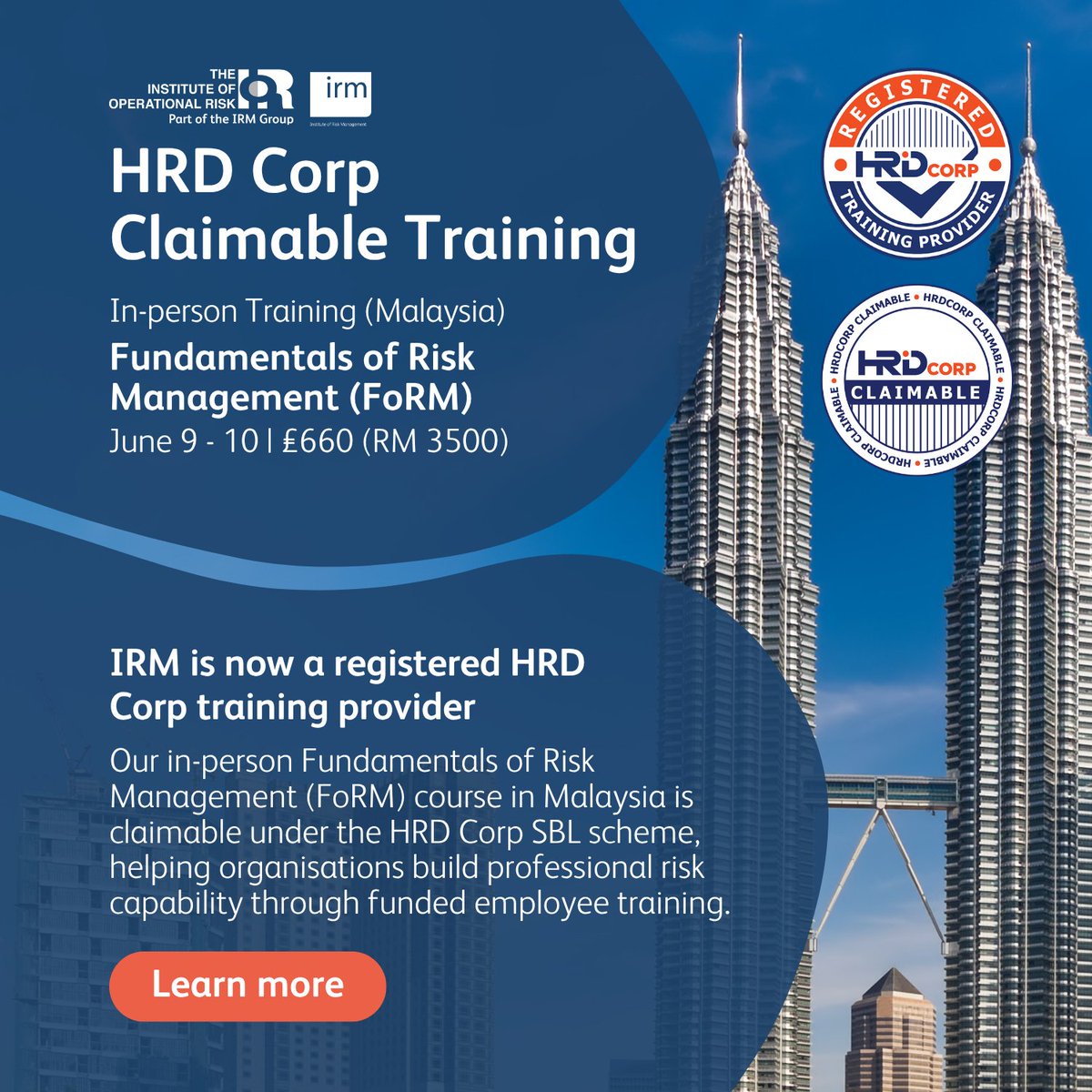 irmglobal's tweet photo. IRM is now a registered HRD Corp training provider in Malaysia.

Learn more >>
https://t.co/MyGikW7pwp

#RiskManagement #EnterpriseRiskManagement #HRDCorp #Malaysia #ProfessionalDevelopment #IRM #OperationalRisk #CorporateTraining #CPD https://t.co/b00TP4D7m6