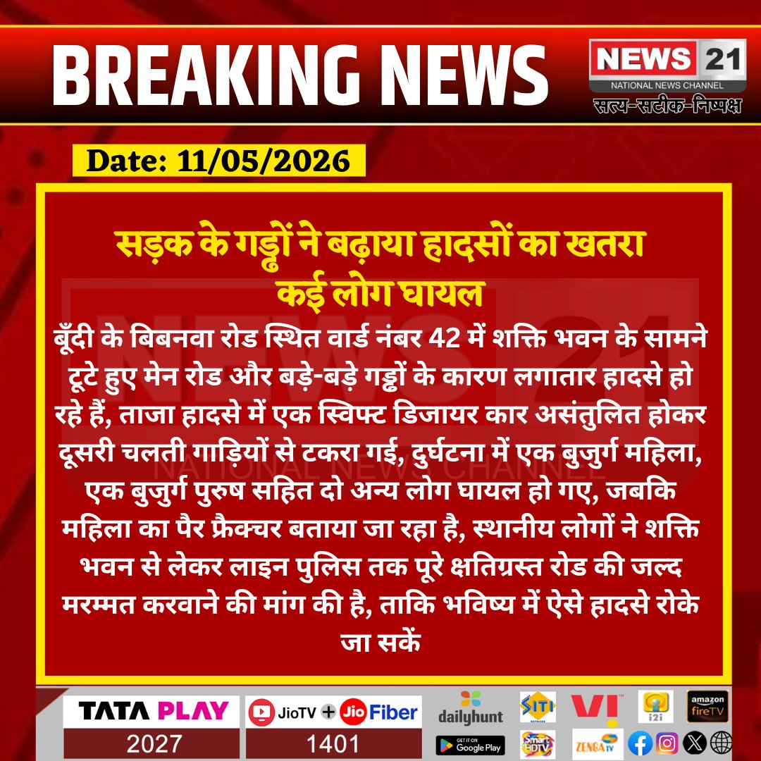 news21national's tweet photo. #Bundi: सड़क के गड्ढों ने बढ़ाया हादसों का खतरा कई लोग घायल

#Bundi #RoadAccident #RoadSafety #Potholes #BibanwaRoad #RajasthanNews #BreakingNews #HindiNews #PublicIssue #RoadRepair #AccidentNews #TrafficSafety #BundiNews #CivicProblem #LocalNews #LatestNews  #IndiaNews #News21 #News21National @RajCMO  @BundiPolice  @DmBundii  @PWD_Rajasthan @PoliceRajasthan