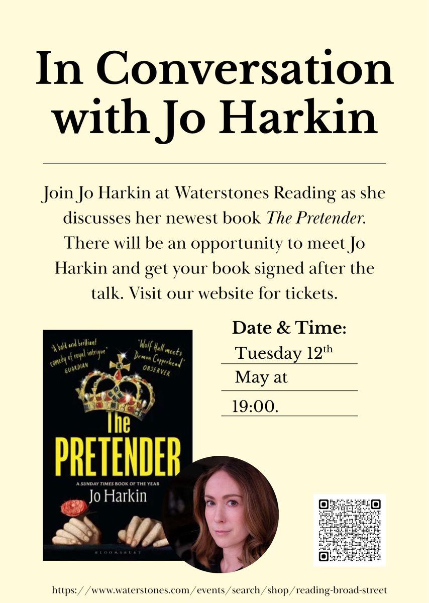 BroadStBooks's tweet photo. Join wonderful author Jo Harkin as she discusses her brilliantly imagined, funny &amp; moving historical novel 'The Pretender' tomorrow 12 May, at 7pm. Tickets still available:
https://t.co/RUdIX5Vsb1
Hope to see you there 👑 https://t.co/WBRG47XJ7t