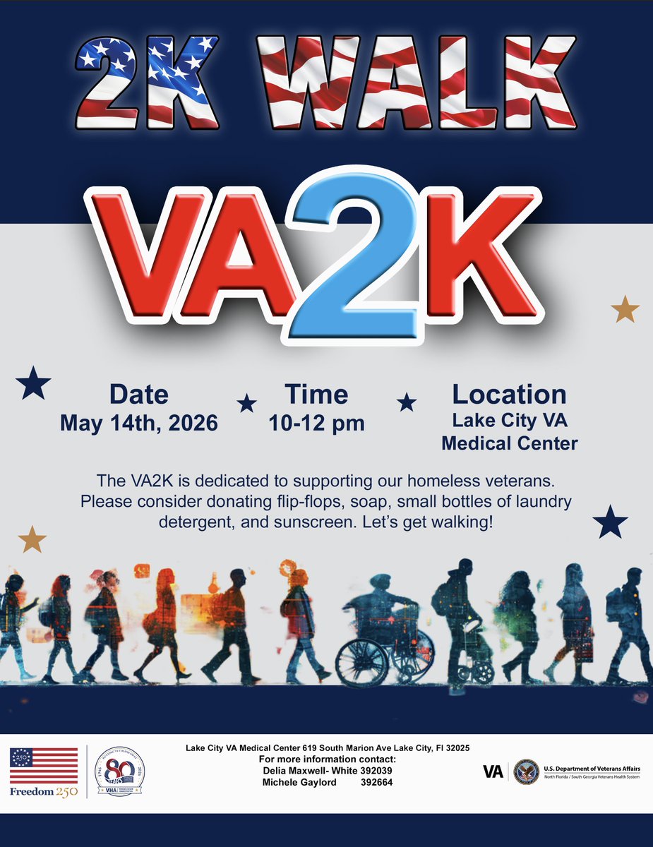 vanfsg's tweet photo. Lace up for a cause! 🇺🇸

Join us for the VA2K Walk on May 14, 2026, from 10–12 pm at the Lake City VA Medical Center as we get moving to support homeless Veterans. Meet us at 10 a.m. in front of the main entrance and follow the course to complete the 2K. Slip on your most comfortable shoes, grab a sun visor, and come out to support homeless Veterans in our community. Consider bringing flip-flops, soap, small bottles of laundry detergent, or sunscreen to donate, every step and every item makes a difference. Let’s walk, roll, and make an impact together!