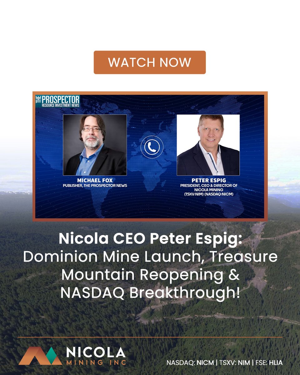 NicolaMining's tweet photo. In an interview with @prospectornews, #NIM President and CEO Peter Espig discusses the company's mill expansion from 200 to 500 tons per day near Merritt, British Columbia, and its toll milling operations.

Watch: https://t.co/D7ddybOdN6 

🇺🇸 #NICM 🇨🇦 $NIM.V 🇩🇪 #HLIA https://t.co/JvfFDQN0cU
