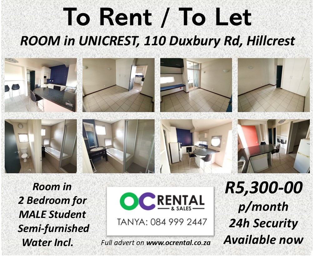 OCRentHatfield's tweet photo. Room to rent for a MALE student in a 2 bedroom apartment in UNICREST. This complex is right next to @UPTuks 
R5300 p/room, p/month, in the semi-furnished apartment includes water. 
Available immediately
#OCRental #StudentAccommodation #studenthousing #HatfieldAccommodation https://t.co/4luEPc9XZ4