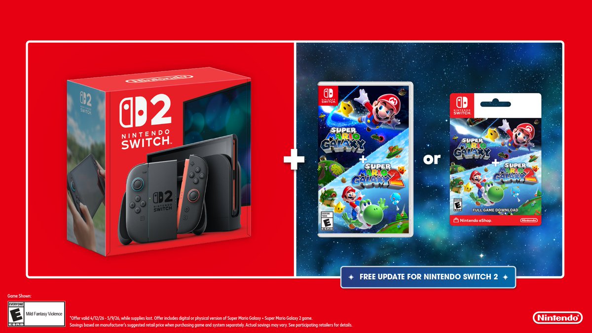 IGNDeals's tweet photo. Walmart still has the Super Mario Galaxy + Super Mario Galaxy 2 Nintendo Switch 2 bundle for $499.99. Amazon raised the price back up to $518 because everyone's rushing to get it before the prices go up. https://t.co/iZN0jhHmyt #ad https://t.co/NLMPb0hvk6