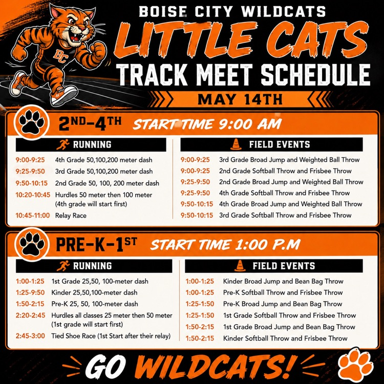BCPSD_Wildcats's tweet photo. 📣📣PK-4 Track Meet 📣📣

🏃🏻‍♀️‍➡️🏃🏻‍♂️‍➡️ THURSDAY May 14 🏃🏻‍♀️‍➡️🏃🏻‍♂️‍➡️ https://t.co/SZTftAi57q